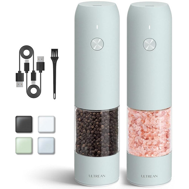 Ultrean Electric Salt and Pepper Grinder Sets (2 Pack), USB Rechargeable Salt Pepper Mill Grinder with 6 Adjustable Coarseness, LED Light, One-Hand Operation for Kitchen, Restaurant, BBQ (Blue)