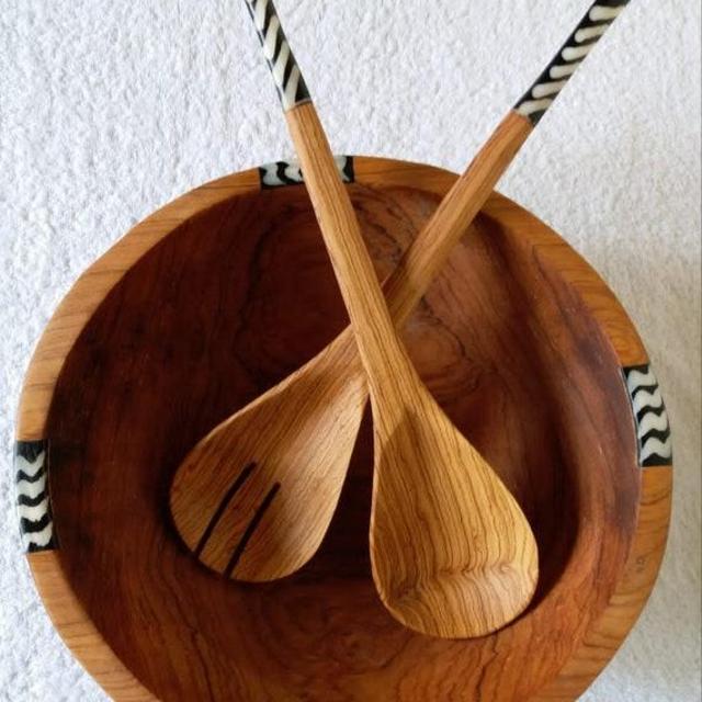 Large olive wood bowl, dinner bowl, salad bowl, serving spoons, cooking spoons
