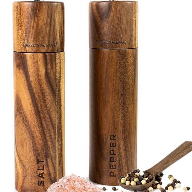 Saffron & Sage Premium Acacia Wood Salt and Pepper Grinder Set of 2-8” Tall Salt and Peppercorn Mill with Adjustable Coarse Settings, Rust Resistant, Smooth and Quality Grinding Mechanism