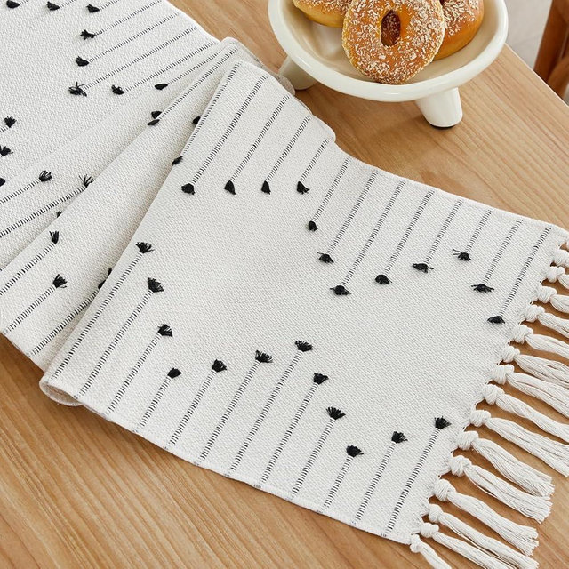 Wracra Boho Table Runner, Natural Cotton Woven Macrame Table Runners 90 Inches Long for Modern Farmhouse Woven Home Decor, 14x90 Inch, Black