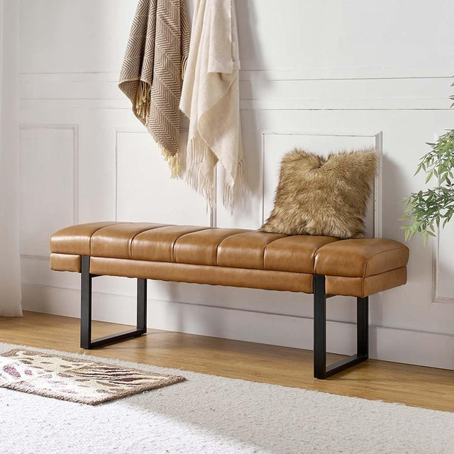 HULALA HOME 53" Button Tufted Ottoman Bench Faux Leather Upholstered Bedroom Bench Padded End of Bed Bench with Metal Base Mid-Century Dining Table Bench Long Shoe Bench for Living Room Entryway,Camel