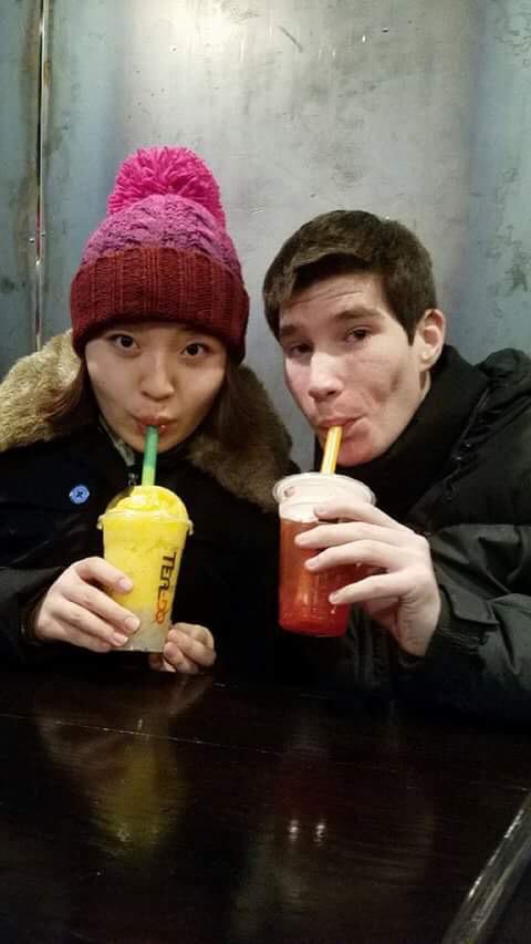 Lia and Jon drinking bubble tea at TeaDo in Rockville, MD