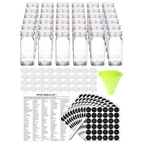 SWOMMOLY 36 Glass Spice Jars with 396 Spice Labels, Chalk Marker and Funnel Complete Set. 36 Square Glass Jars 4 OZ, Airtight Cap, Pour/sift Shaker Lid