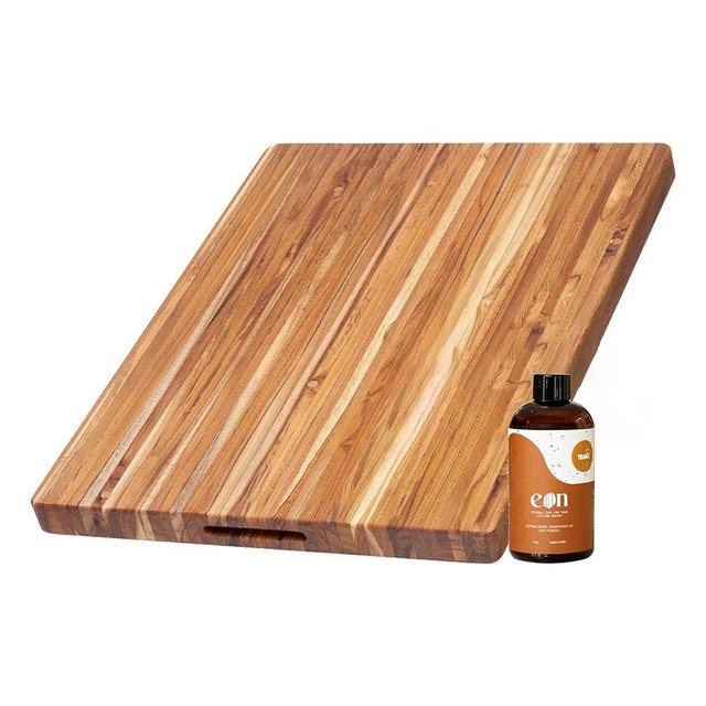 Teakhaus Carving Board and Cutting Board Oil Set - Includes Large (L) Wood Cutting Board with Grip Handles and EON Food Grade Mineral Oil - Knife-Friendly - FSC Certified