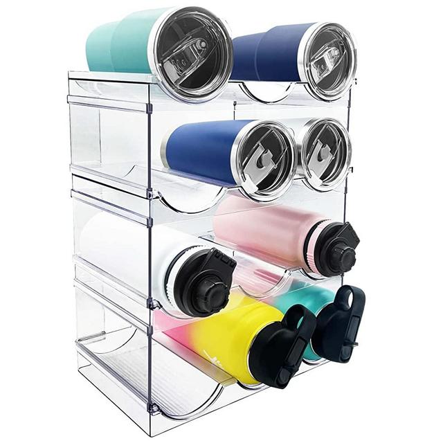 Water Bottle Organizer, Stackable Kitchen Pantry Organization and Storage Shelf, Plastic Water Bottle Holder for Fridge Kitchen Cabinet Organizer and Storage, Tumbler Travel Mug Cup Organizer