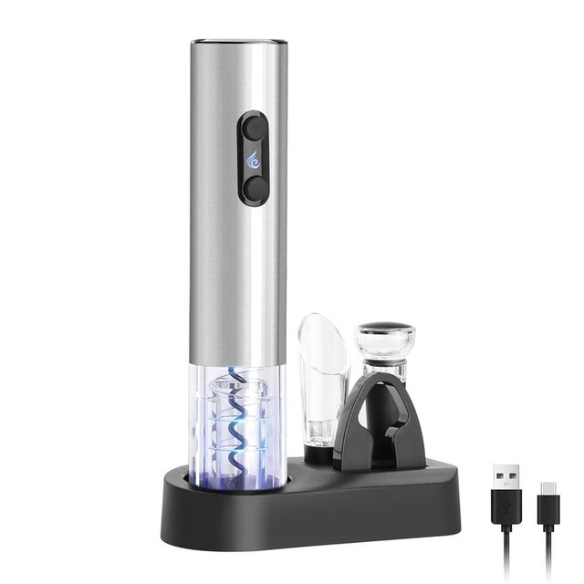 ELMWAY Electric Wine Opener Set, Rechargeable Wine Bottle Opener with Base/Wine Aerator Pourer/Foil Cutter/Wine Stopper/LED Indicator, Wine Corkscrew Remover, Automatic Wine Opener Gift (Silver)