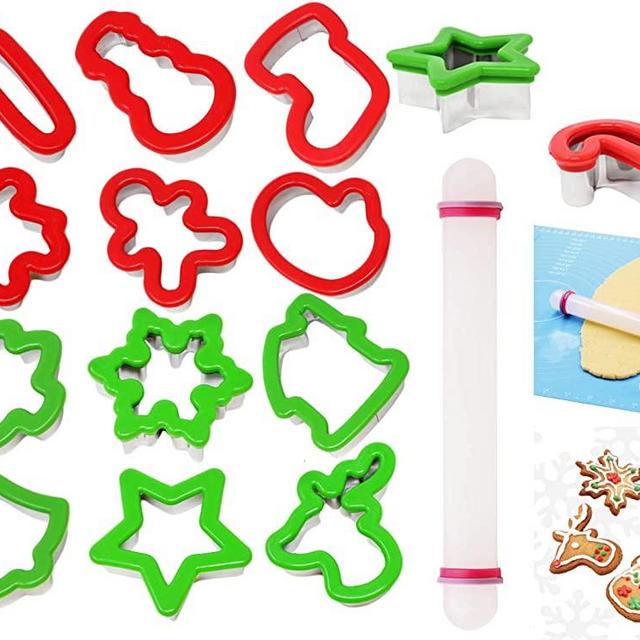 JOYIN13 Pieces Stainless Steel Christmas Cookie Cutters with Comfort Grip 3.5í plus a Rolling Pin for Large Holiday Cookies, Snowflake Cookies, Gingerbread Man Cookies, Christmas Party and Baking Gift