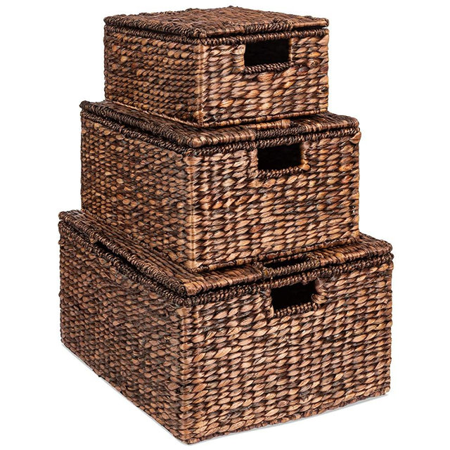 Best Choice Products Set of 3 Large Multipurpose Hyacinth Storage Basket, Handwoven Rectangular Organizer Totes for Bedroom, Living Room, Bathroom w/Insert Handles, Removable Lid - 21", 20", 18"