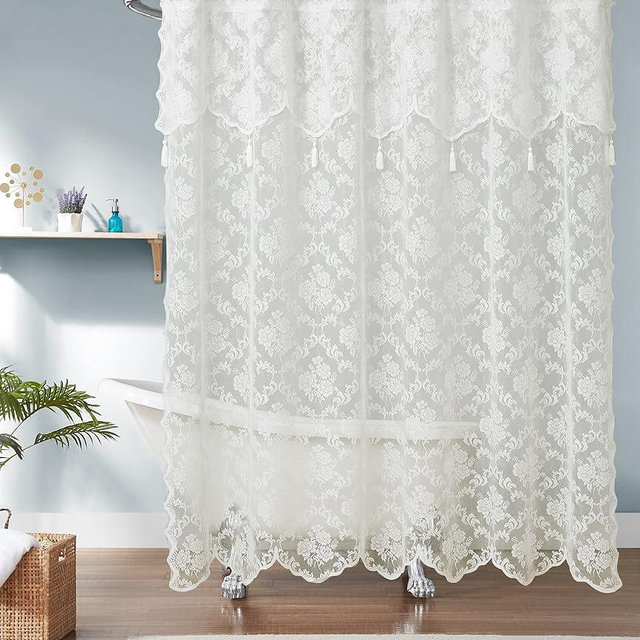 LinenZone 72" x 84" Extra Long Shower Curtain with Attached Valance. Lace Fabric Shower Curtain is Great for Country or Rustic Decor. Modern Farmhouse Shower Curtain. (Mia Shower 72 x 84 Ivory)