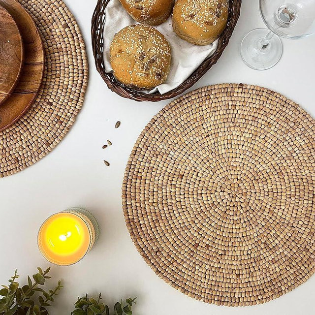 Enliven Set of 2 Handmade Vegan eco Friendly placemat, Wooden Beaded tablemat, Light Oak, 14 inch, Insulated Charger