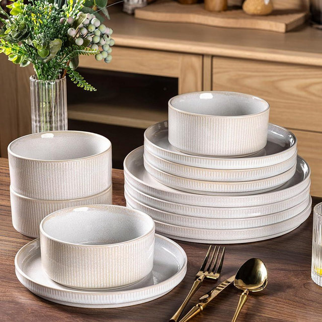 GBHOME Stoneware Dinnerware Sets, Plates and Bowls Set for 4 (12 Pieces) – Scratch Resistant, Microwave & Dishwasher Safe, Reactive Glaze, Sugar White