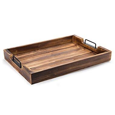 Rustic Torched Wood 20-Inch Serving Tray with Modern Black Metal Handles