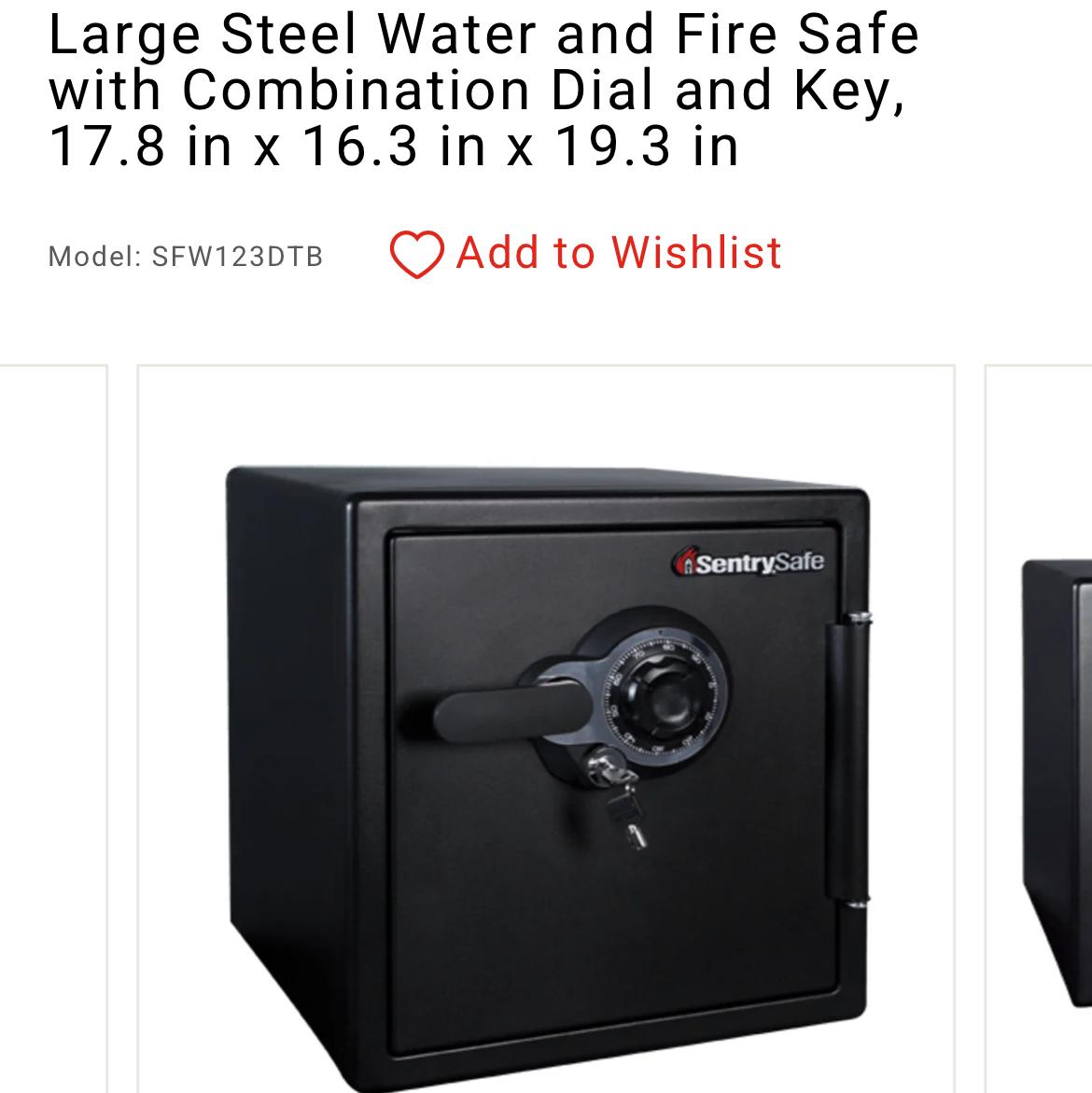Large Steel Water and Fire Safe with Combination Dial and Key, 17.8 in x 16.3 in x 19.3 in