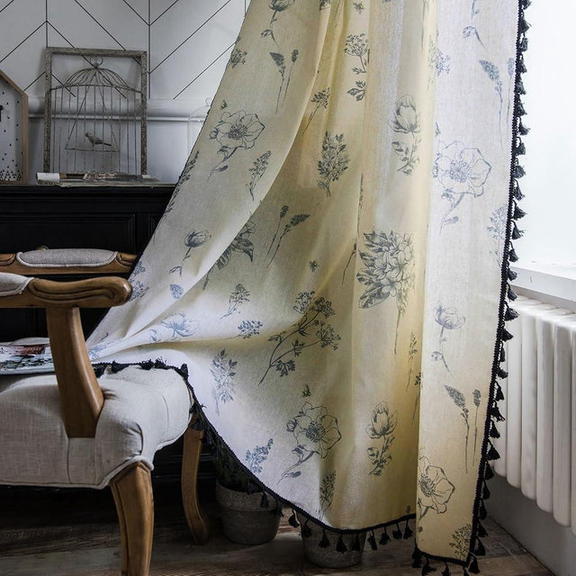 Boho Curtains 96 Inch Length 2 Panels Farmhouse Living Room Semi Sheer Drapes Vintage Floral Tassel Window Curtain Panel Bedroom Grey and Off White Cotton Linen Blend Rod Pocket Window Treatment
