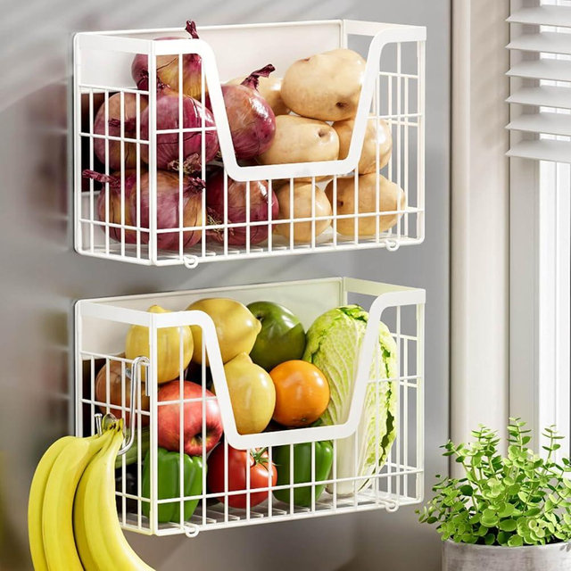 YIWANFW 2 Set Magnetic Fridge Shelf, White Magnetic Fruit Basket for Refrigerator Organizer Storage, Potato and Onion Storage Bins, Wire Baskets Magnet Rack for Laundry Washing Machine Kitchen Shelves