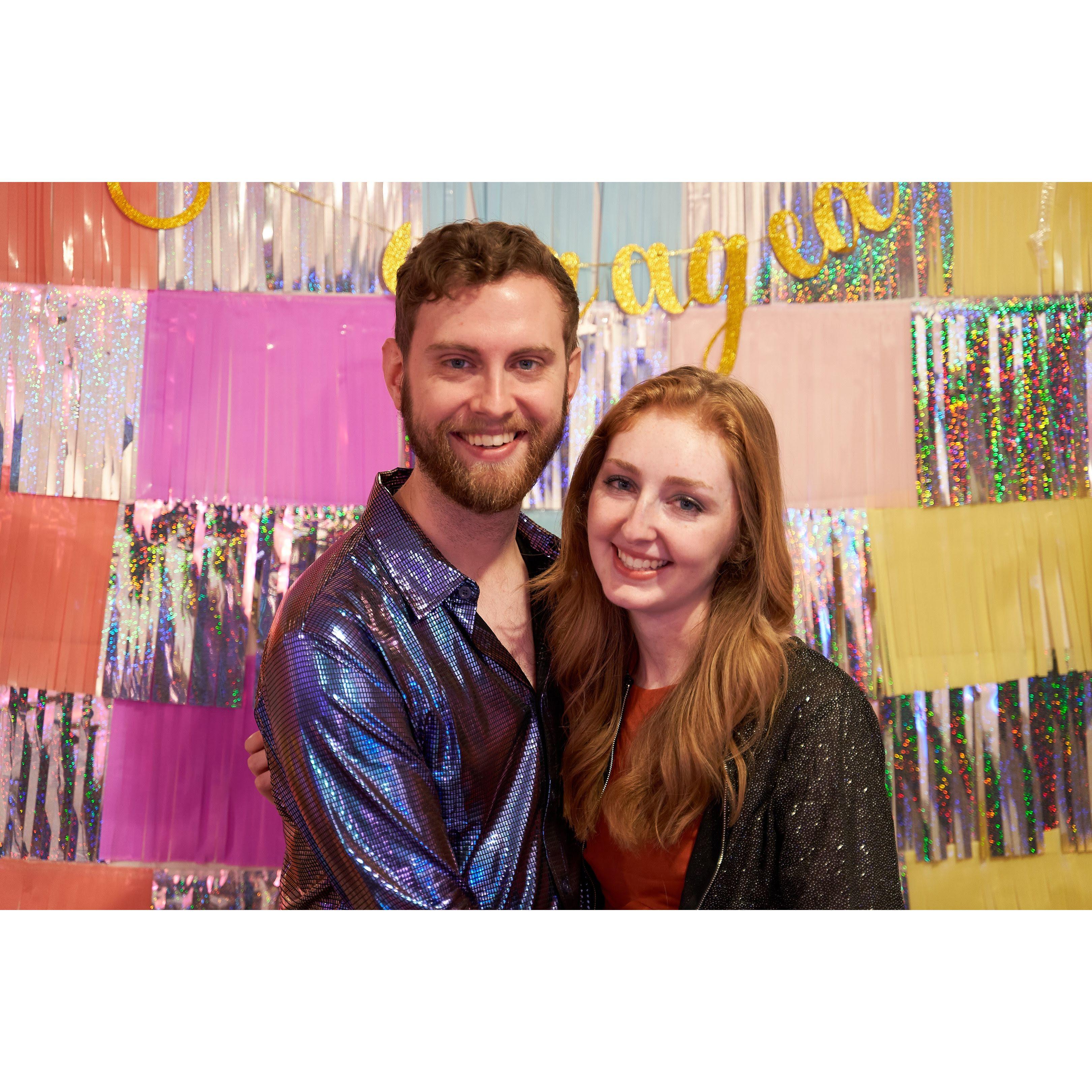 The proposal coincided with Laurel's 24th ABBA-themed birthday party. Disco costumes and friends to celebrate!