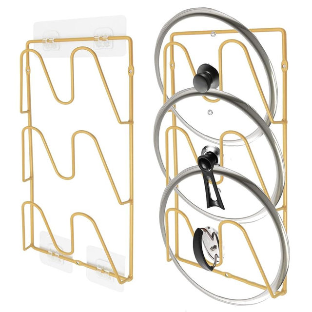 UpChoNice 2 Pack Pot Lid Organizer Rack, 6-Tier Rustproof Pot Lids Holder for Cabinet Door/Wall, No Drilling Adhesive Mounted, Pot Top and Pan Cover Storage inside Kitchen Cabinet (Gold)