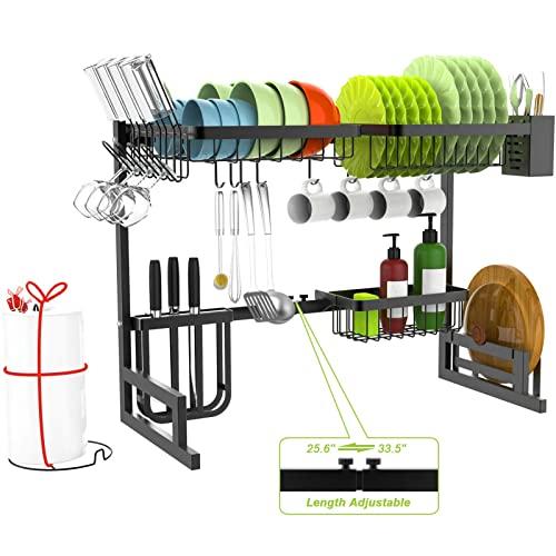 Over The Sink Dish Drying Rack - MERRYBOX Adjustable Stainless Steel Dish Drying Rack Over Sink, Large 2-Tier Kitchen Dish Drying Rack with 8 Hook for Home Kitchen Counter (24.4≤Sink Size≤ 32.3 inch)