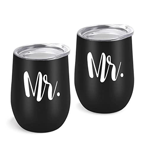 Gingprous 2 Pack Mr and Mr Wine Tumbler Set, Gay Couple Idea for Men, Engagement Wedding Anniversary House Warming LGBT Idea 12 Oz Insulated Stainless Steel Wine Tumbler with Lid, Black