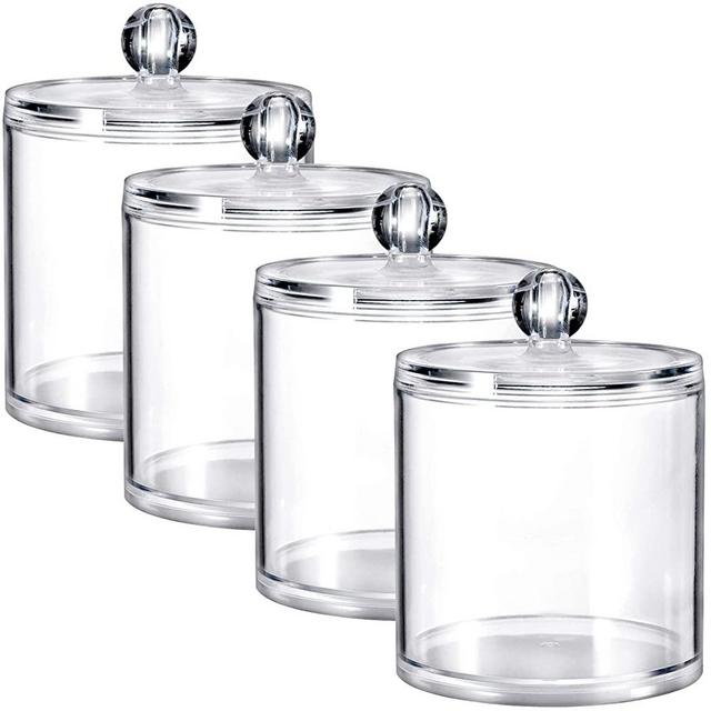 SheeChung 4 Pack Plastic Acrylic Bathroom Vanity Countertop Canister Jars with Storage Lid, Apothecary Jars Qtip Holder Makeup Organizer for Cotton Balls,Swabs,Pads,Bath Salts (Clear, 20 Oz)