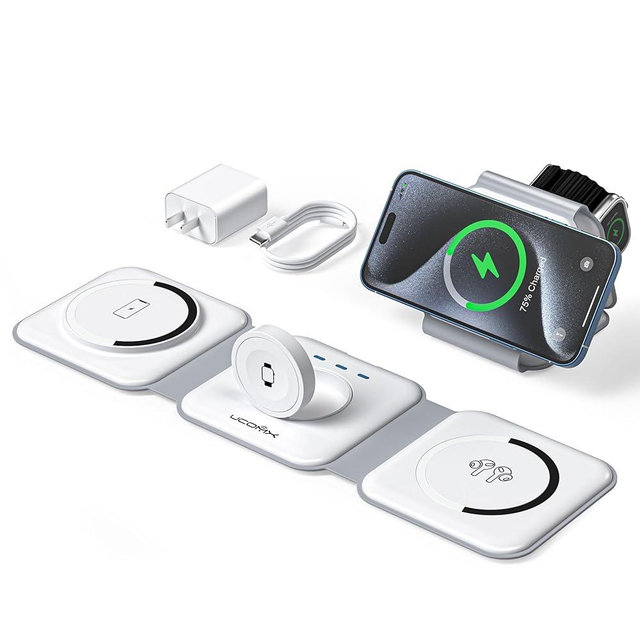 UCOMX 3 in 1 Charging Station for Multple Devices,Foldable 3 in 1 Wireless Charger for Travel,NANO Wireless Charging Station for iPhone 15 14 13 12 Pro Max/Watch 9 8 7 6 5 4 3 Ultra/AirPod Pro