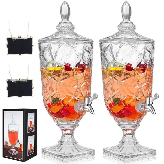 Zhehao 2 Pcs Drink Dispensers for Parties 0.8 Gallon Glass Beverage Dispenser Clear Vintage Crystal Beverage Dispenser with Spigot and 2 Wooden Chalkboard Wide Mouth Beverage Server for Bar Home