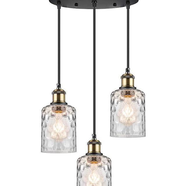 WENFENG 3-Light Pendant Lighting, Adjustable Hanging Light Fixtures, Flush Mount Ceiling Chandelier, Water Ripple Glass Shade E26 Bronze Base, for Kitchen Island Hallway Dinning Room