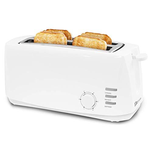 Elite Cuisine ECT-4829 Long Slot Cool Touch Toaster with Extra Wide 1.25" Slots for Bagels and Specialty Breads, Cancel, Reheat, Defrost, 6 Settings, Space Saving Design, 4 Slice, White