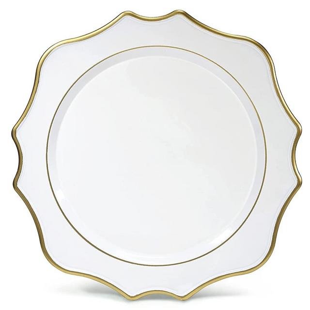 " OCCASIONS" 10 Pieces Round 13'' Round Acrylic Plastic Wedding Chargers, Dinner Party Decoration Charger Plates (Scalloped White and Gold)