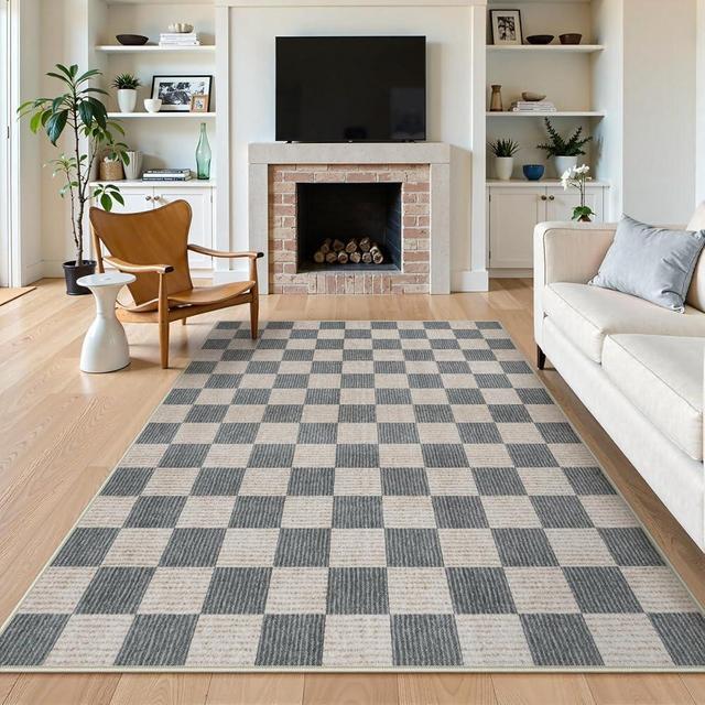 LIVEBOX Machine Washable Area Rug 6x9 Checkered, Non Slip Soft Large Bedroom Living Room Rug Farmhouse Neutral Classic Geometric Pattern Boys Rug, Indoor Carpet for Den Dorm Playroom(Grey,6'x9')
