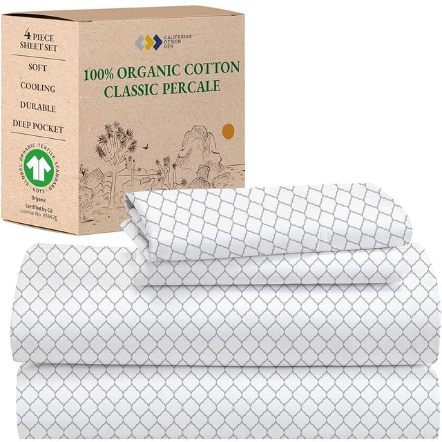 California Design Den Cal King Sheets Set, 100% Organic Cotton Percale Sheets, Deep Pocket California King Sheet Set - Quatrefoil Grey