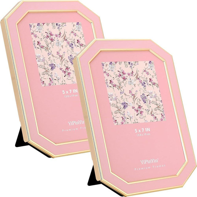 YiPinYin 5x7 Pink Enamel Picture Frames with Gold Metal Plated Edge - HD-Tempered Glass & Velvet Back, Octagon Shape, Light Pink Décor, Tabletop & Wall Mount
