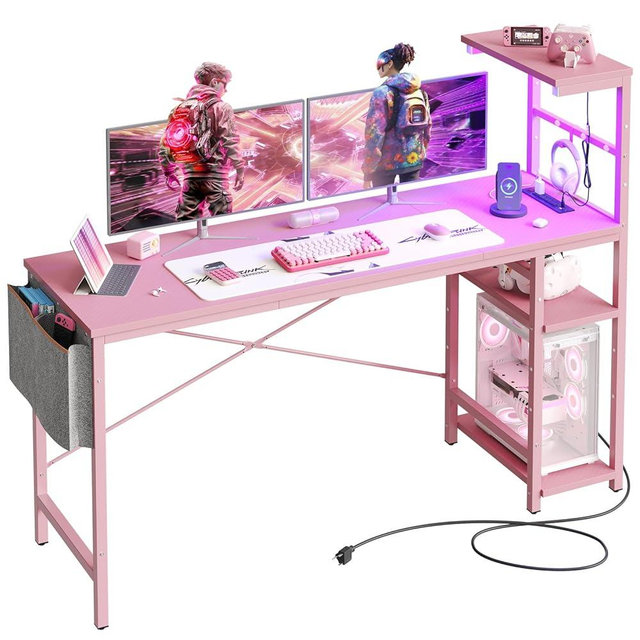 Bestier Gaming Desk with Power Outlets, 61 Inch Large Led Gamer Desk with 4 Tiers Reversible Shelves, PC Gaming Table with Headset Hook & Side Storage Bag for Bedroom (Pink 3D Carbon Fiber)