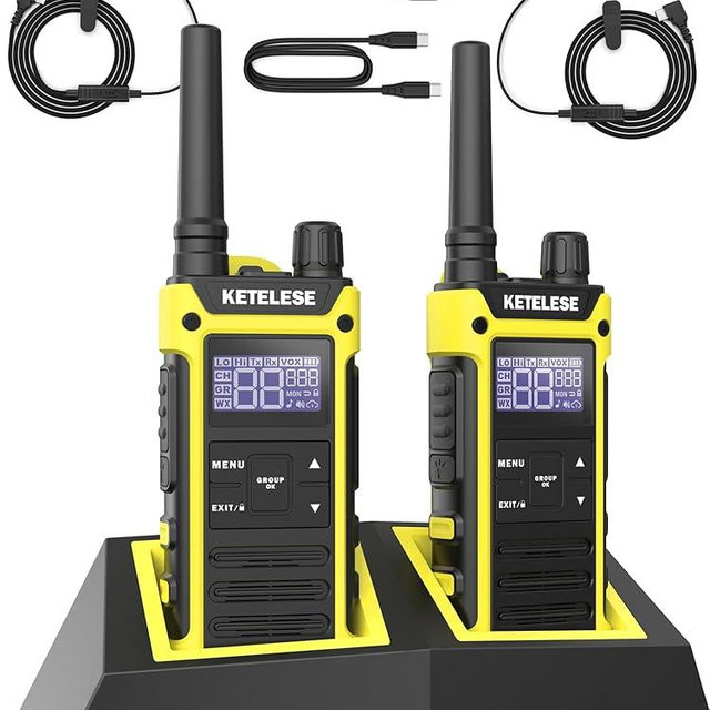 KETELESE T3F IP67 Waterproof Walkie Talkies, FRS Two Way Radio with Earpiece, Triple Proof, Three Charging Options, USB/Type C Radio, NOAA, VOX (2 Pack), Black/Yellow