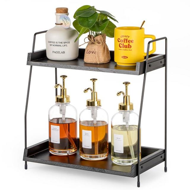 ANBOXIT Coffee Station Organizer for Countertop, Coffee Bar Accessories and Organizer, Wooden Kitchen Counter Shelf, 2 Tier Coffee Condiment Storage, Coffee Caddy for Kitchen, Home, Office - Black