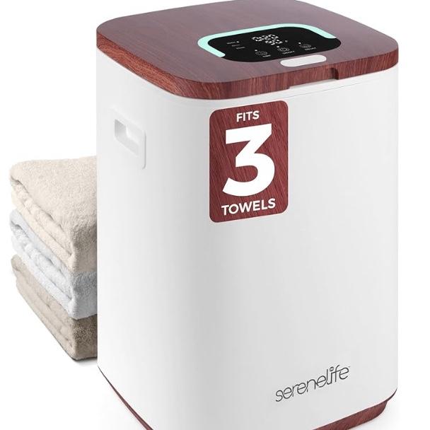 SereneLife Towel Warmer - 23L Capacity Bucket with Timer Function, Fits Up to Two Oversized Towels for Bathroom, Wood