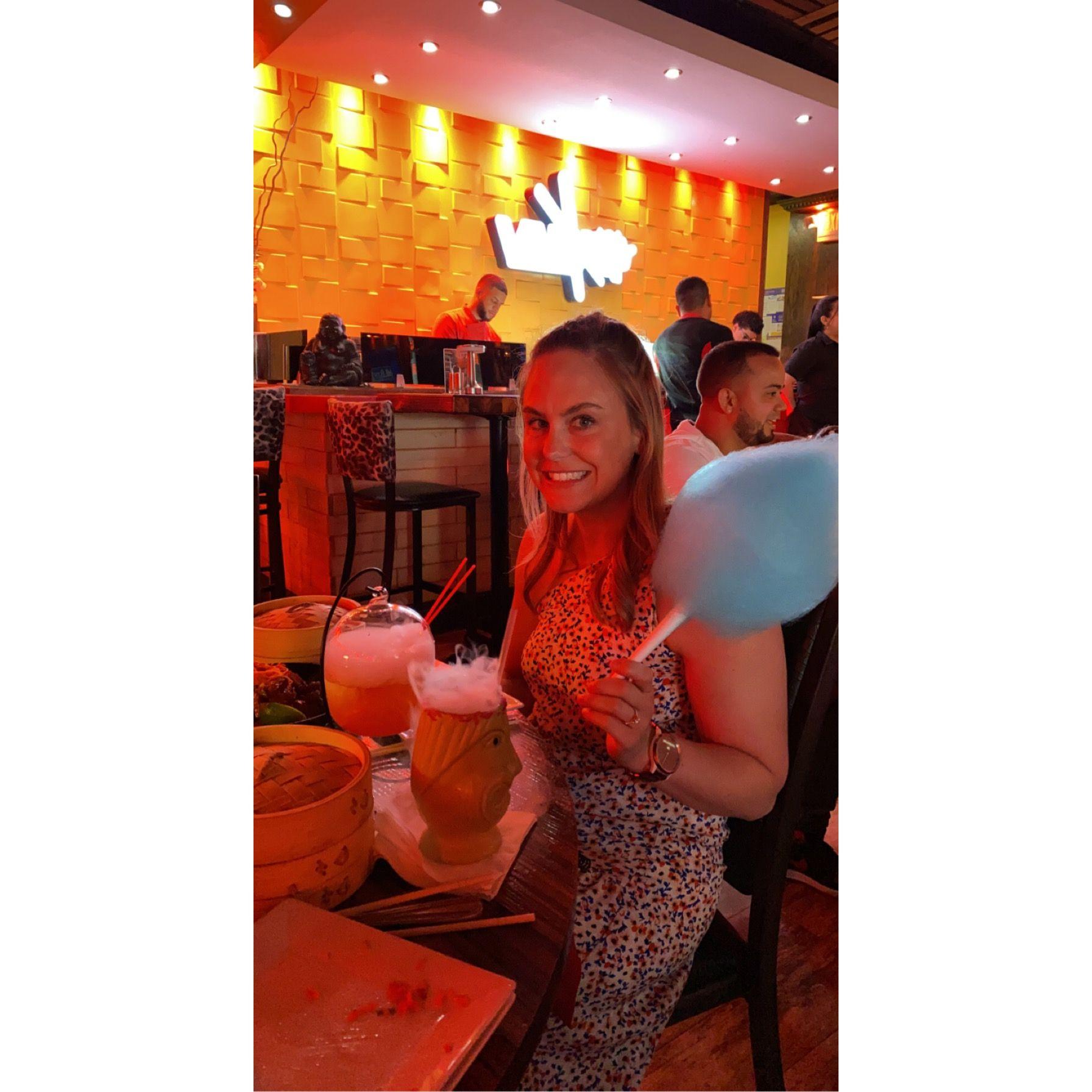 Natalie's restaurant influence is legendary. Here we are at Vaca (Lowell, MA) where she was able to convince the waitress to give her a full cotton candy for dessert.