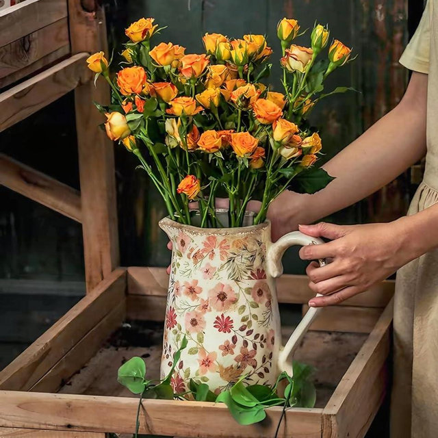 Vintage Colorful Daisy Flora Ceramic Vase with Handle, Retro Ice Glazed Crack Farmhouse Pitcher Vase for Home Decor, Living Room, Shelf, Office, Rustic Table Centerpiece 9 Inch