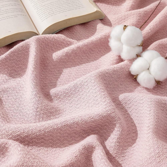 Bedsure GentleSoft 100% Cotton Blanket Queen Size for Bed - Breathable and Lightweight, Soft Cozy Textured Herringbone Woven Blanket for Summer Spring, Pink, 90x90 inches