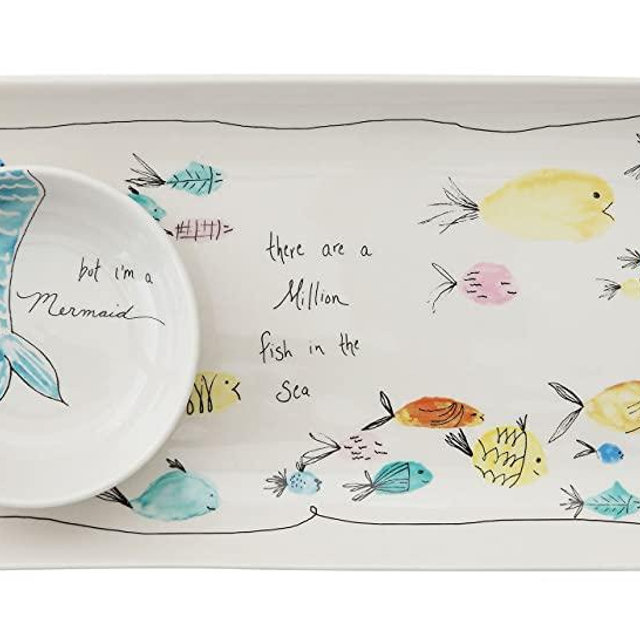 Creative Co-Op Rectangle Stoneware Plate with Fish Images and Matching Bowl