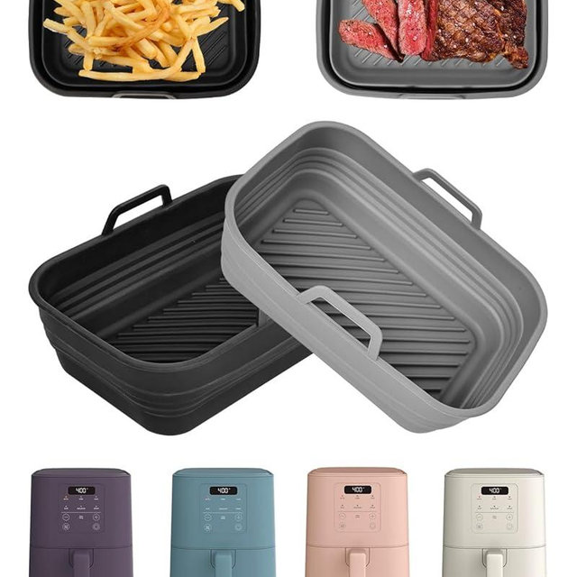 Air Fryer Silicone Liners Collapsible 2-Pack for bella 4Qt(3.3lb) Slim Air Fryer, Reusable Airfryer Silicone Pot Baking Basket Insert Accessories, Non Stick, Easy Cleaning, Gray+Black