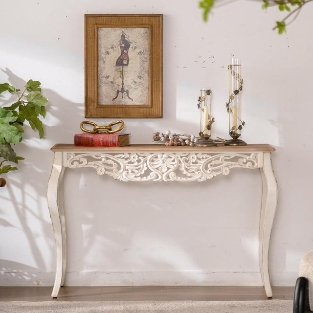 43.31" Console Table with Carved Details,Distressed Console Table,Vintage French Country Entry Table with Wood Carvings and Curved Legs for Hallway Living Room,Antique White