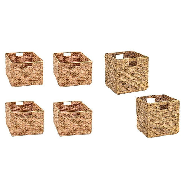 Trademark Innovations Large Foldable Rectangle Woven Wicker Basket Bins for Storage (Set of 4) & Foldable Hyacinth Storage Basket with Iron Wire Frame By (Set of 2) Natural