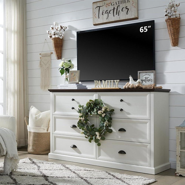 IFGET Farmhouse 6 Drawers Dresser for Bedroom, 58" Wide Dresser Chest of Drawers Organizer Storage, Wood Rustic Dresser for Closet w/Two Different Drawer Sizes for Living Room, Hallway, White