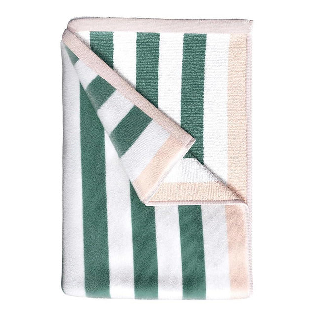 Great Bay Home 100% Cotton Velour Beach Towels - Oversized (35" x 70") Stripe Border Pool Towel - Quick Dry, Absorbent, Ultra-Soft (Mineral Blue/Blush)