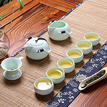 XDOBO High End Celadon Tea Set Hand-painted Kung Fu Tea Set Chinese Traditional Celadon Kiln Ceramics Teapot Vintage China Style Porcelain Handmade Kung Fu Tea Set – Set of 8 (Landscape)