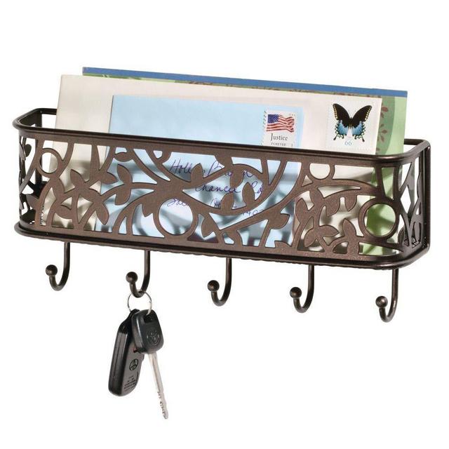 3257MDO - mDesign Wall Mount Metal Entryway Storage Organizer Mail Sorter Basket with 5 Hooks - Letter, Magazine, Coat, Leash and Key Holder for Entryway, Mudroom, Hallway, Kitchen, Office - Bronze