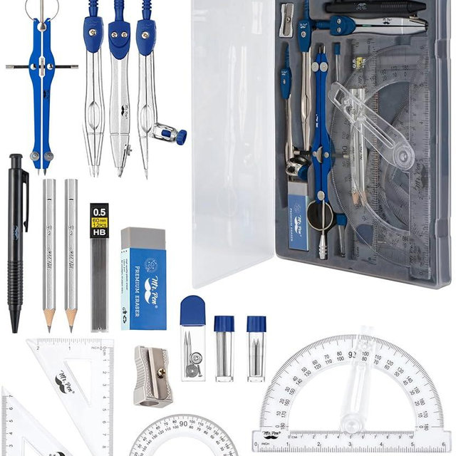 Mr. Pen- Geometry Set, 15 pcs, Navy Blue, 6 Inch Swing Arm Protractor, Divider, Set Squares, Ruler, Compasses and Protractor