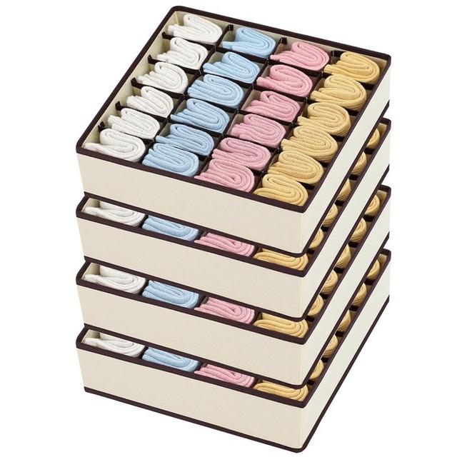 Joyoldelf Sock Drawer Organizer Divider Underwear Organizer 24-cell Fabric Dresser Drawer Organizers Storage Boxes for Socks Lingerie, Handkerchiefs, Ties 4 Pack (Beige)