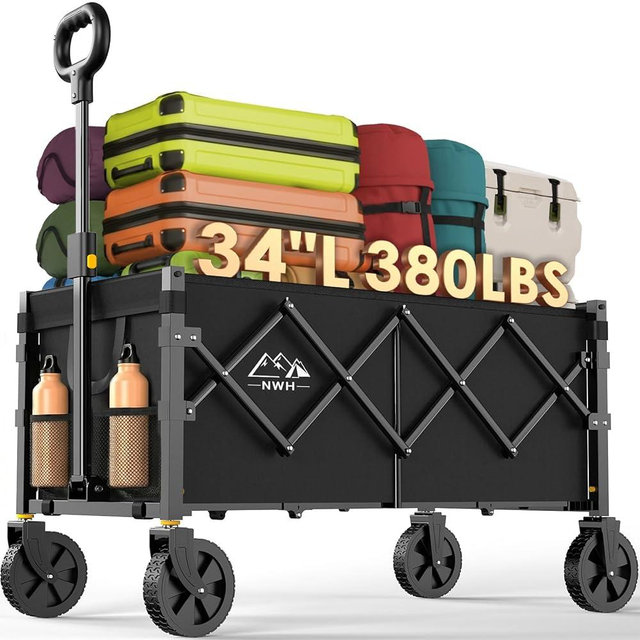 NWH 34'' Extra Long Collapsible Wagon, 380lbs Large Capacity Folding Wagons Carts with Wheels Foldable, Heavy Duty Utility Cart with All-Terrain Wheels for Beach Outdoor Grocery Camping Garden